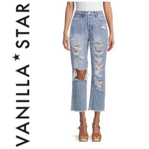 90s Boyfriend fit Jeans vanilla star distressing raw hem Womens Sz 9